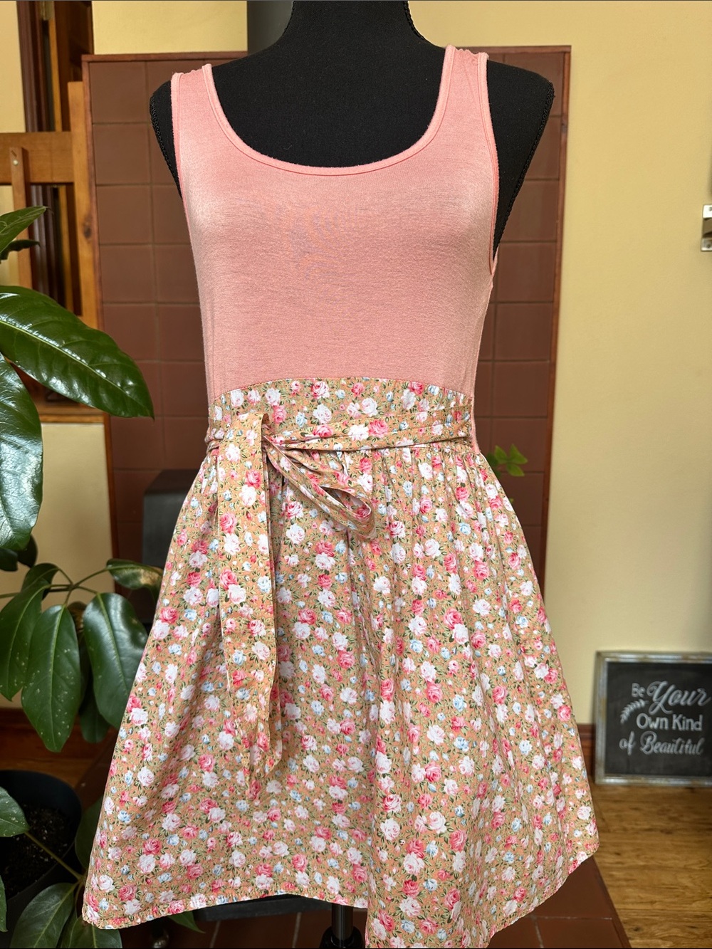 #240- Sleeveless Pink Tank Dress with Floral Tie-Waist Skirt